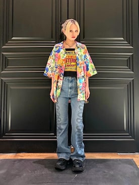 「HYSTERIC GLAMOUR（ヒステリックグラマー）のSNAKE LOOP柄デニムフレアパンツ（デニムパンツ、ブルー系）」を使った、aykさん（レディース・157cm）の夏コーディネート