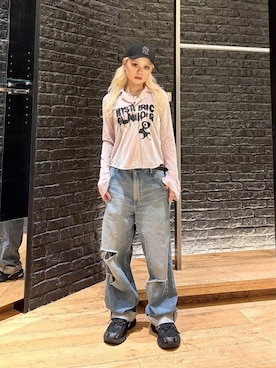「HYSTERIC GLAMOUR（ヒステリックグラマー）のRESIZE加工 デニムストレートパンツ（デニムパンツ、ブルー系）」を使った、aykさん（レディース・157cm）の夏コーディネート