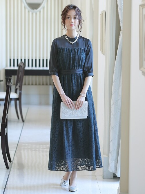 美品　ミモレ丈　七部袖　オケージョンドレス　結婚式　お呼ばれドレス　パーティー PourVous ドレス 結婚式 パーティードレス ミモレ丈と七分袖