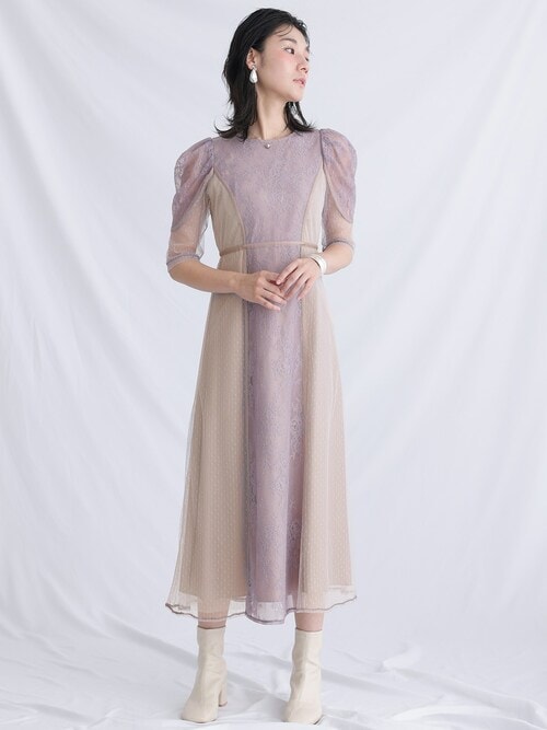 atlo（アトロ） ドレス 五分袖＆ミモレ丈 パーティードレス レース