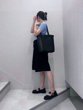 「CHARLES & KEITH（チャールズ & キース）のスクエアトゥーボウバックルメリージェーン（パンプス、ブラック系）」を使った、CHARLES & KEITHさん（レディース・160cm）の夏コーディネート