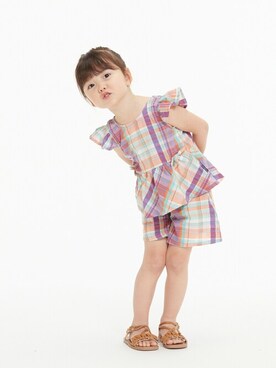 「Moujonjon（ムージョンジョン）のアイテム（シャツ/ブラウス）」を使った、こどもの森e-shopさん（キッズ・90cm）の春コーディネート