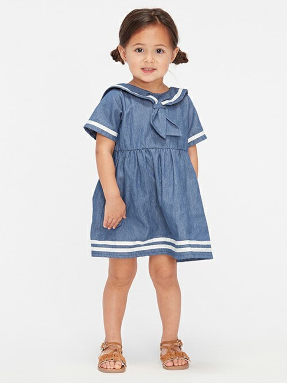 「ワンピース、ワンピ、セーラー、セーラーカラー、ワンピーススタイル、セーラー服、ムージョンジョン、moujonjon、セーラー襟、ワンピースコーデ」｜「Moujonjonのセーラーカラー半袖ワンピース（ワンピース、ブルー系）」を使った、こどもの森e-shopさん（キッズ・90cm）の春コーディネートの1枚目の写真