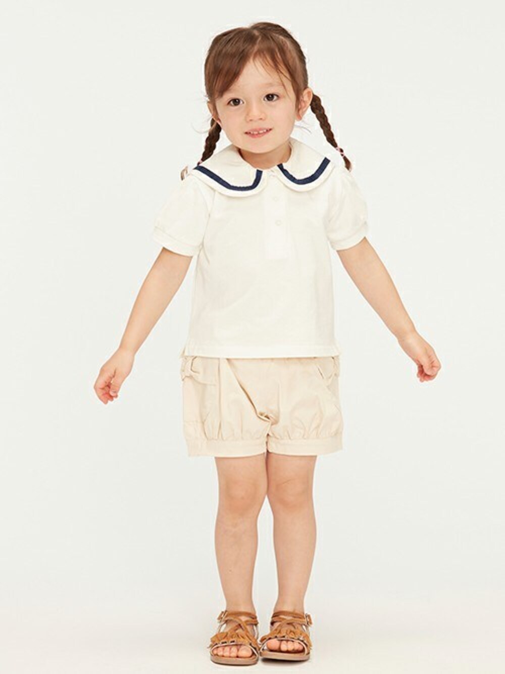 「Tシャツ、子供服、キッズコーデ、セーラー、セーラーカラー、半袖シャツ、子ども服、キッズファッション、セーラー襟、子供服コーデ」｜「Moujonjonのセーラー半袖Ｔシャツ（Tシャツ/カットソー、ホワイト系）」を使った、こどもの森e-shopさん（キッズ・90cm）の夏コーディネートの1枚目の写真
