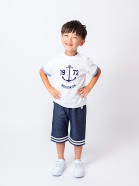 「Moujonjon（ムージョンジョン）のアイテム（Tシャツ/カットソー）」を使った、こどもの森e-shopさん（キッズ・110cm）の春コーディネート