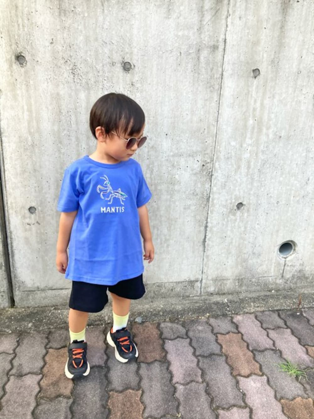 「Tシャツ、子供服、男の子、夏コーデ、半袖Ｔシャツ、夏服、子供コーデ、男の子コーデ、半袖シャツ、男の子ファッション」｜「Moujonjonの昆虫刺繍半袖Ｔシャツ（Tシャツ/カットソー、ブルー系）」を使った、こどもの森e-shopさん（キッズ・99cm）の夏コーディネートの1枚目の写真