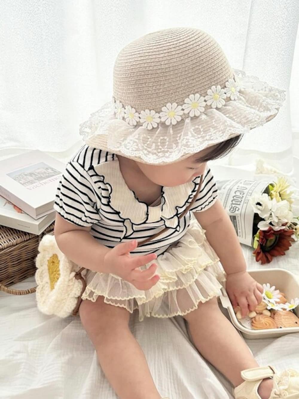 「ハット、帽子、子供服、麦わら帽子、ハットコーデ、ハット、帽子、子供、麦わら帽、麦わらハット、帽子コーデ」｜「kids zooのお花レースポリブレードハット・帽子（ハット、ベージュ系）」を使った、こどもの森e-shopさん（キッズ・80cm）の夏コーディネートの1枚目の写真
