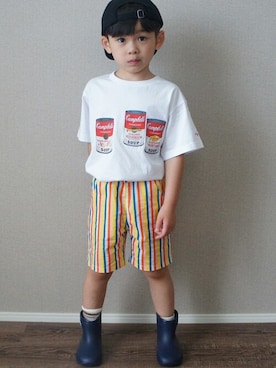 「アイテム（パンツ、イエロー系）」を使った、こどもの森e-shopさん（キッズ・107cm）の夏コーディネート