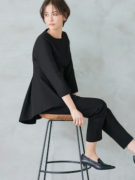 パール付け襟タックフレアトップス+シークレットゴムパンツセットアップ オケージョン対応】2WAY パール付け襟タックフレアトップス+