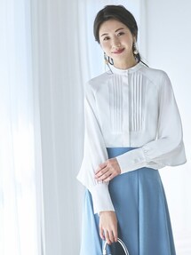 ブラウス シャツ 洗える ｜ バックケープバンドカラーシャツブラウス ｜ 長袖  バンドカラー トップス 体型カバー ケープ Ａライン レース オフィ 洗える ｜ バックケープバンドカラーシャツブラウス ｜ 長袖