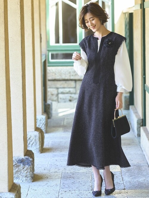 RUIRUE BOUTIQUE ワンピース キーネックパールレイヤード