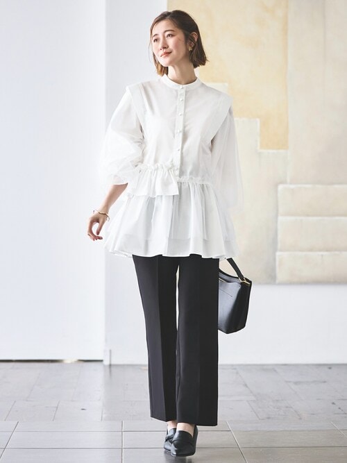 洗える ｜ チュールMIX ペプラム デザイン シャツ ブラウス