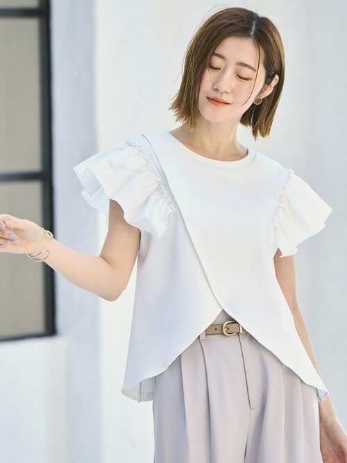 ブラウス シャツ 洗える ストレッチ ｜ 前後2way コンビネーション ウエストタック Tシャツ ｜ レディース フレンチスリーブ 半袖 フリル 体 RUIRUE BOUTIQUE ブラウス シャツ 洗える ストレッチ ｜ 前後