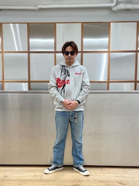 「HYSTERIC GLAMOUR（ヒステリックグラマー）の【26～28cm】サイドジップ ハイカットスニーカー（スニーカー）」を使った、京都くんさん（メンズ・172cm）の冬コーディネート