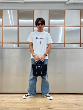 「HYSTERIC GLAMOUR（ヒステリックグラマー）の【26～28cm】サイドジップ ハイカットスニーカー（スニーカー）」を使った、京都くんさん（メンズ・172cm）の夏コーディネート