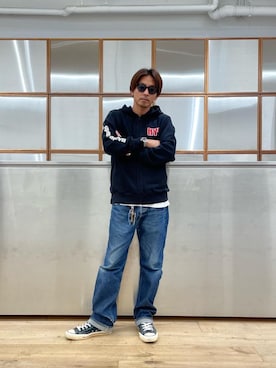 「HYSTERIC GLAMOUR（ヒステリックグラマー）の【26～28cm】サイドジップ ハイカットスニーカー（スニーカー）」を使った、京都くんさん（メンズ・172cm）の秋コーディネート