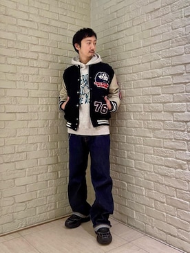 「アイテム（スタジャン）」を使った、HIDEさん（メンズ・172cm）の冬コーディネート