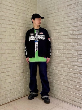 「HYSTERIC GLAMOUR（ヒステリックグラマー）のリジットストレートバギーデニムパンツ（デニムパンツ、ブルー系）」を使った、HIDEさん（メンズ・172cm）の春コーディネート