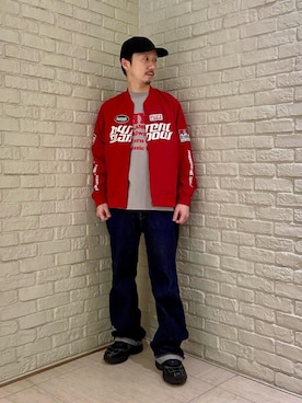 「HYSTERIC GLAMOUR（ヒステリックグラマー）のリジットストレートバギーデニムパンツ（デニムパンツ、ブルー系）」を使った、HIDEさん（メンズ・172cm）の春コーディネート