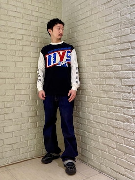 「HYSTERIC GLAMOUR（ヒステリックグラマー）のリジットストレートバギーデニムパンツ（デニムパンツ、ブルー系）」を使った、HIDEさん（メンズ・172cm）の春コーディネート
