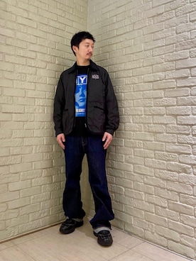 「HYSTERIC GLAMOUR（ヒステリックグラマー）のリジットストレートバギーデニムパンツ（デニムパンツ、ブルー系）」を使った、HIDEさん（メンズ・172cm）の春コーディネート