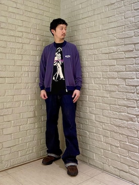 「HYSTERIC GLAMOUR（ヒステリックグラマー）のリジットストレートバギーデニムパンツ（デニムパンツ、ブルー系）」を使った、HIDEさん（メンズ・172cm）の春コーディネート