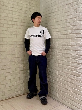 「HYSTERIC GLAMOUR（ヒステリックグラマー）のリジットストレートバギーデニムパンツ（デニムパンツ、ブルー系）」を使った、HIDEさん（メンズ・172cm）の春コーディネート