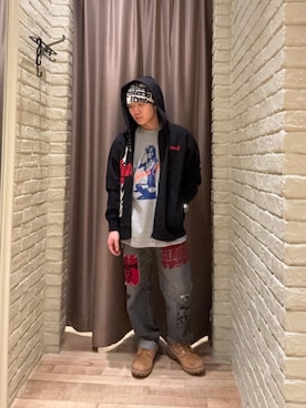 「アイテム（ニットキャップ/ビーニー、ホワイト系）」を使った、hysteric0717さん（メンズ・163cm）の冬コーディネート