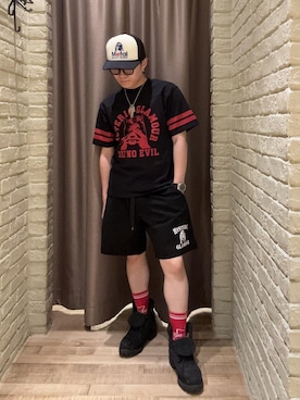 「HYSTERIC GLAMOUR（ヒステリックグラマー）のMETAL WOMAN メッシュキャップ（キャップ、ブラック系）」を使った、hysteric0717さん（メンズ）の夏コーディネート