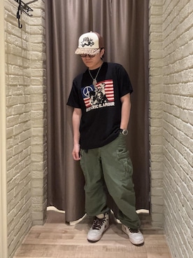 「HYSTERIC GLAMOUR（ヒステリックグラマー）の6ポケットカーゴパンツ（カーゴパンツ、グリーン系）」を使った、hysteric0717さん（メンズ）の夏コーディネート