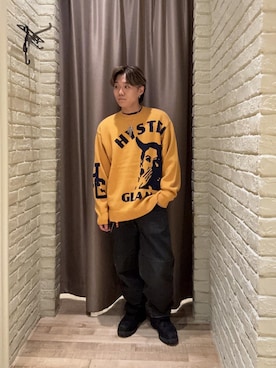 「HYSTERIC GLAMOUR（ヒステリックグラマー）のSPEAK NO EVIL編込 セーター（ニット/セーター、イエロー系）」を使った、hysteric0717さん（メンズ）の夏コーディネート