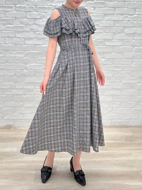 セール】2025秋冬新作 チェック柄肩開きワンピース（ワンピース