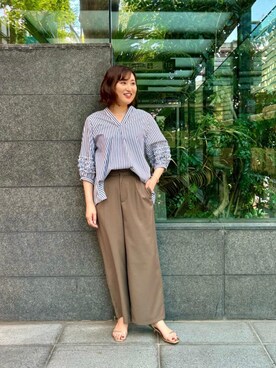 「le.coeur blanc（ルクールブラン）のフリルスリーブスキッパーブラウス（シャツ/ブラウス、ブルー系）」を使った、ayaさん（レディース・163cm）の夏コーディネート