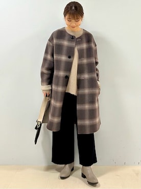 「リバーシブル」｜「アイテム（ノーカラーコート）」を使った、renaさん（レディース・151cm）の冬コーディネート