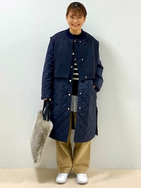 「アイテム（ノーカラーコート、ブルー系）」を使った、renaさん（レディース・151cm）の冬コーディネート