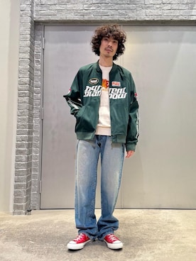 「HYSTERIC GLAMOUR（ヒステリックグラマー）のルーズストレートデニムパンツ（デニムパンツ、ブルー系）」を使った、ikechanさん（メンズ・171cm）の春コーディネート