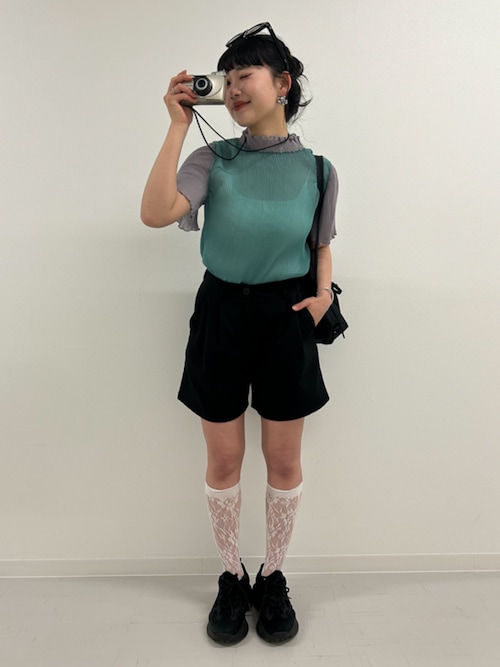 メロウ プリーツ バイカラー トップス 半袖 ハイネック