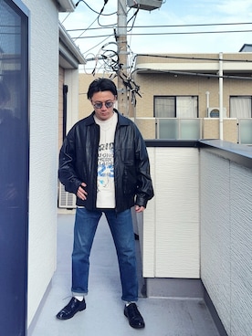 「FREAK'S STORE（フリークスストア）のFREAK’S STORE/フリークスストア フェイクレザー ジップアップ ブルゾン/リラックスフィット（ブルゾン、ブラック系）」を使った、（asatomoz）さん（メンズ・170cm）の春コーディネート