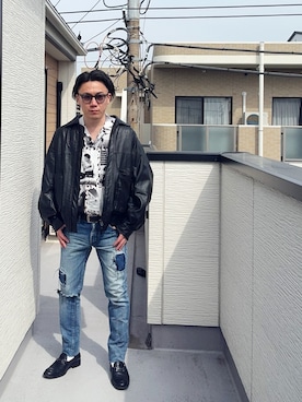 「FREAK'S STORE（フリークスストア）のFREAK’S STORE/フリークスストア フェイクレザー ジップアップ ブルゾン/リラックスフィット（ブルゾン、ブラック系）」を使った、（asatomoz）さん（メンズ・170cm）の春コーディネート