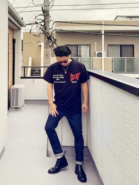 「SAINT Mxxxxxx（セント マイケル）のセントマイケル初期のTシャツ　サイズL（Tシャツ/カットソー、ブラック系）」を使った、（asatomoz）さん（メンズ・170cm）の夏コーディネート