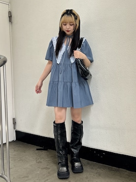 「jouetie（ジュエティ）のビッグカラーフレアミニワンピース チェック柄（ワンピース、ブルー系）」を使った、ALICEさん（レディース・152cm）の春コーディネート