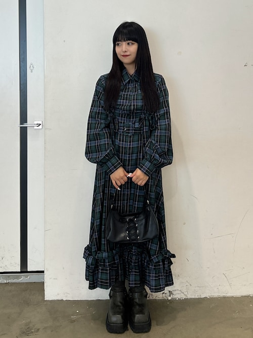 ドロストリボンチェックシャツワンピース（ワンピース）｜jouetie