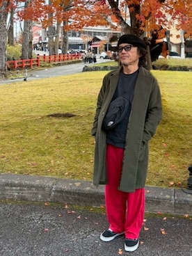 「アイテム（ステンカラーコート、グリーン系）」を使った、けいいちさん（メンズ・170cm）の冬コーディネート