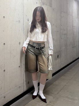 「X-girl（エックスガール）のFACE LABEL L/S COMPACT SHIRT（シャツ/ブラウス、ホワイト系）」を使った、saeさん（レディース・163cm）の春コーディネート