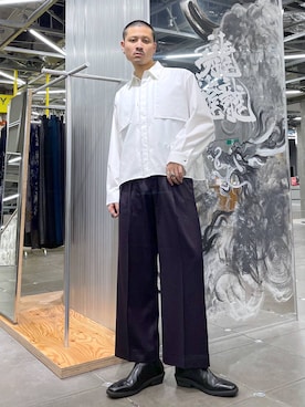 「HARE（ハレ）のスクエアトゥZIPブーツ(HARE)（ブーツ）」を使った、はのやんさん（メンズ・182cm）の冬コーディネート