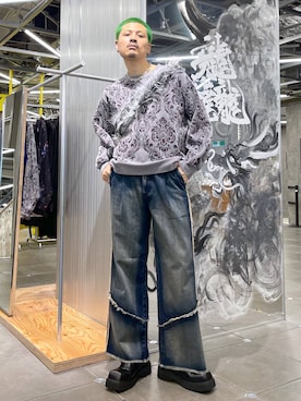 「HARE（ハレ）のダマスクガラモールニットプルオーバー(HARE)（ニット/セーター）」を使った、はのやんさん（メンズ・182cm）の秋コーディネート