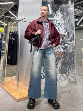 「HARE（ハレ）のダマスクガラモールニットプルオーバー(HARE)（ニット/セーター）」を使った、はのやんさん（メンズ・182cm）の冬コーディネート