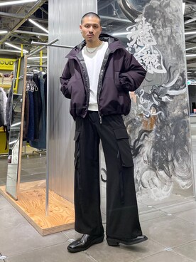 「HARE（ハレ）のスクエアトゥZIPブーツ(HARE)（ブーツ）」を使った、はのやんさん（メンズ・182cm）の冬コーディネート