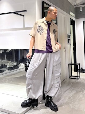 「HARE（ハレ）の【接触冷感】ポケットミニロゴカットソー(HARE)（Tシャツ/カットソー、パープル系）」を使った、はのやんさん（メンズ・182cm）の春コーディネート