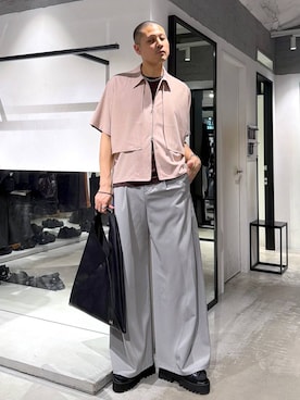「HARE（ハレ）の3ディメンションワイドパンツ(HARE)（スラックス、グレー系）」を使った、はのやんさん（メンズ・182cm）の春コーディネート